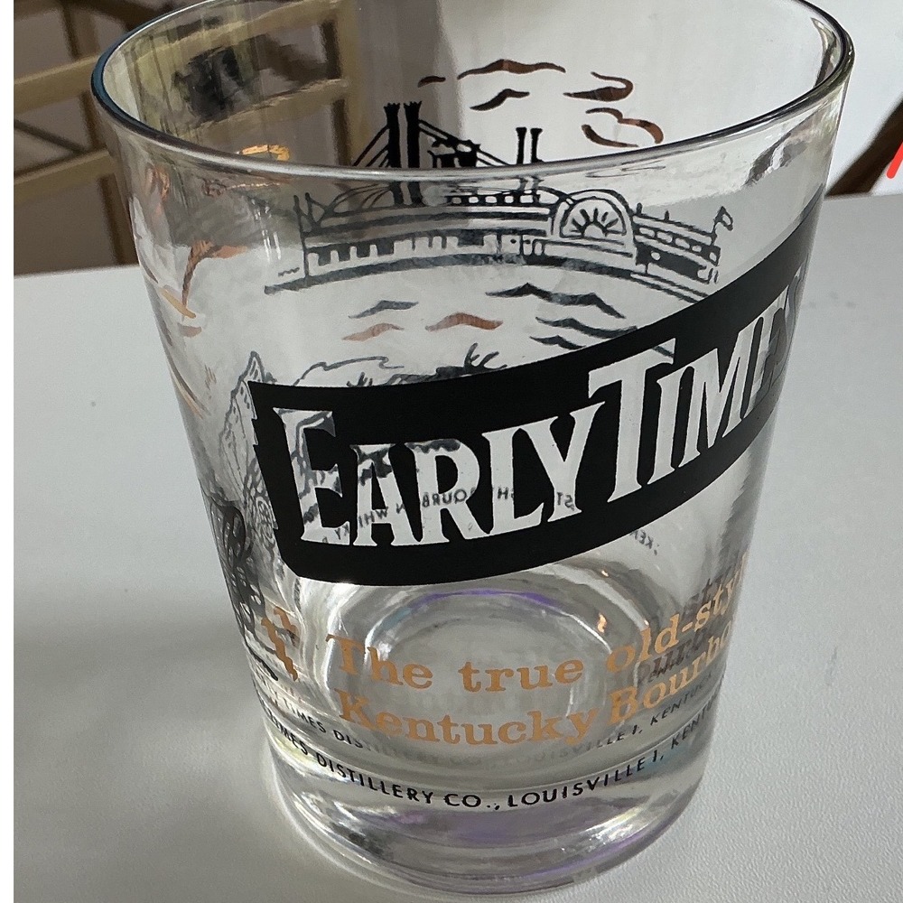 Early Times Kentucky Straight Bourbon Whisky Glass Riverboat Covered Wagon Logo